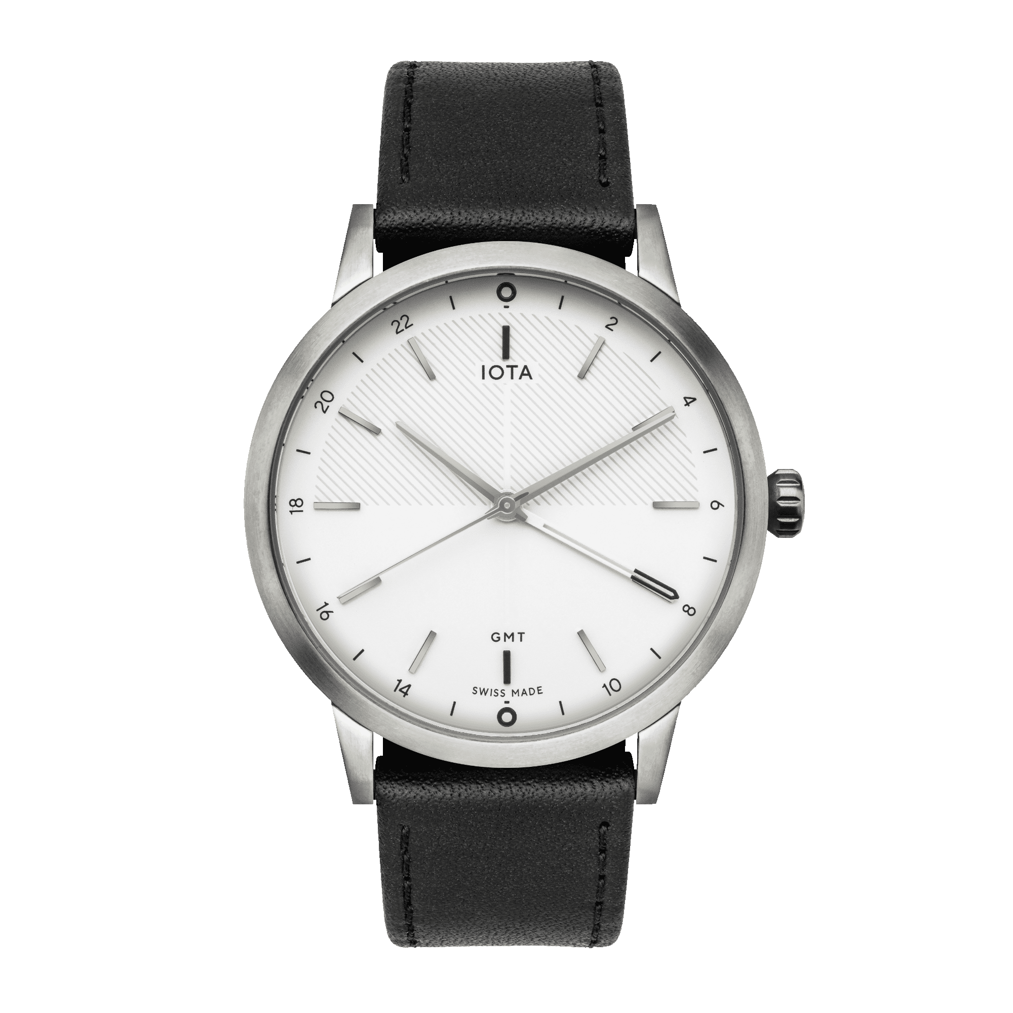 The London GMT watch with a brushed steel case, a white dial and black leather strap from IOTA