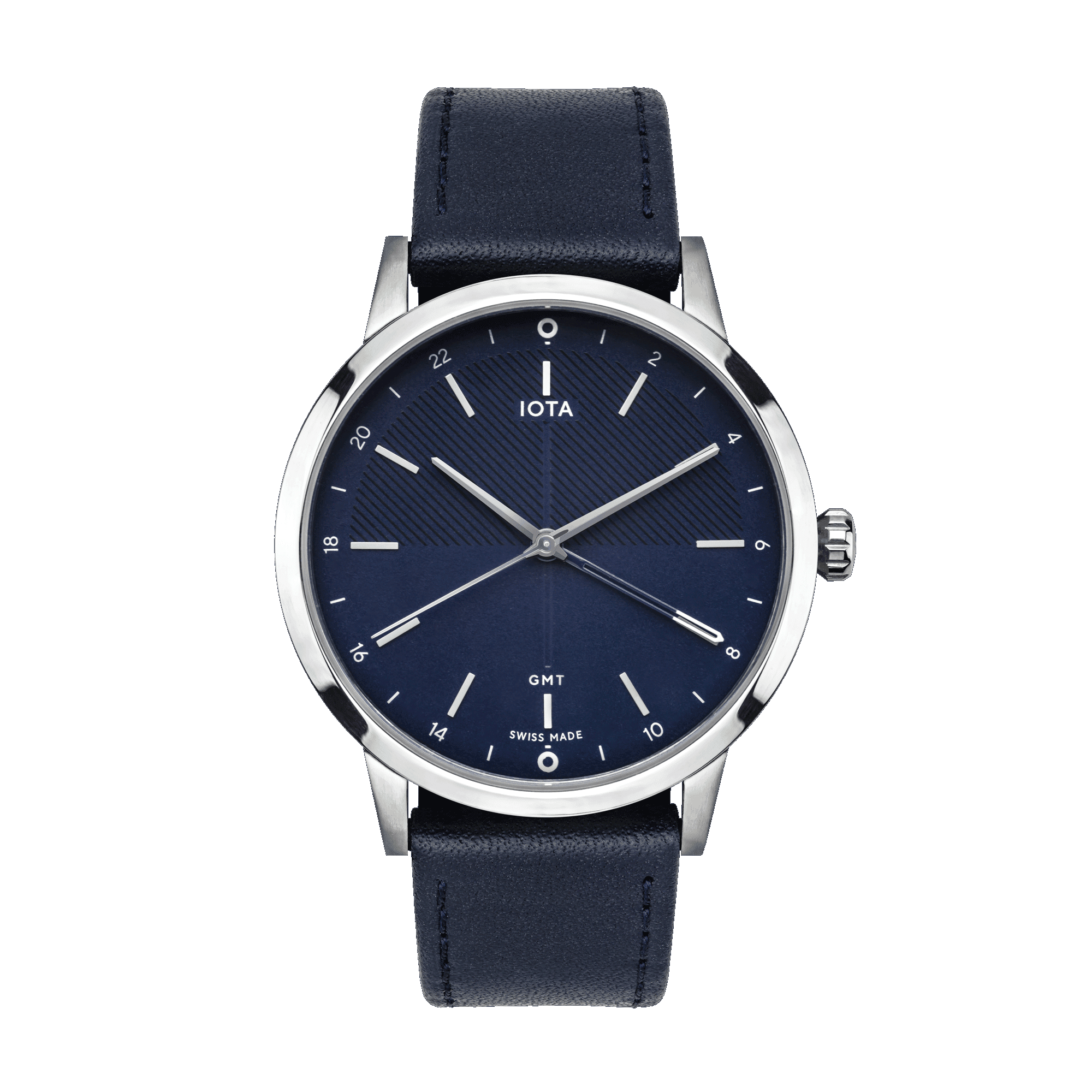 The Sydney GMT watch with a polished steel case, a blue dial and blue leather strap from IOTA