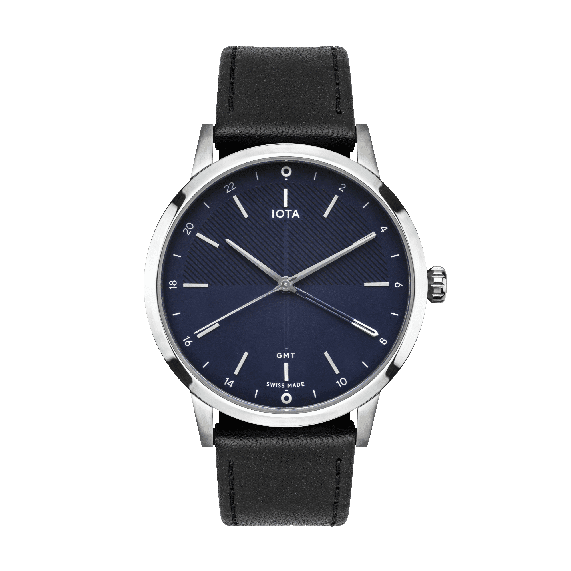 The Sydney GMT watch with a polished steel case, a blue dial and blue leather strap from IOTA